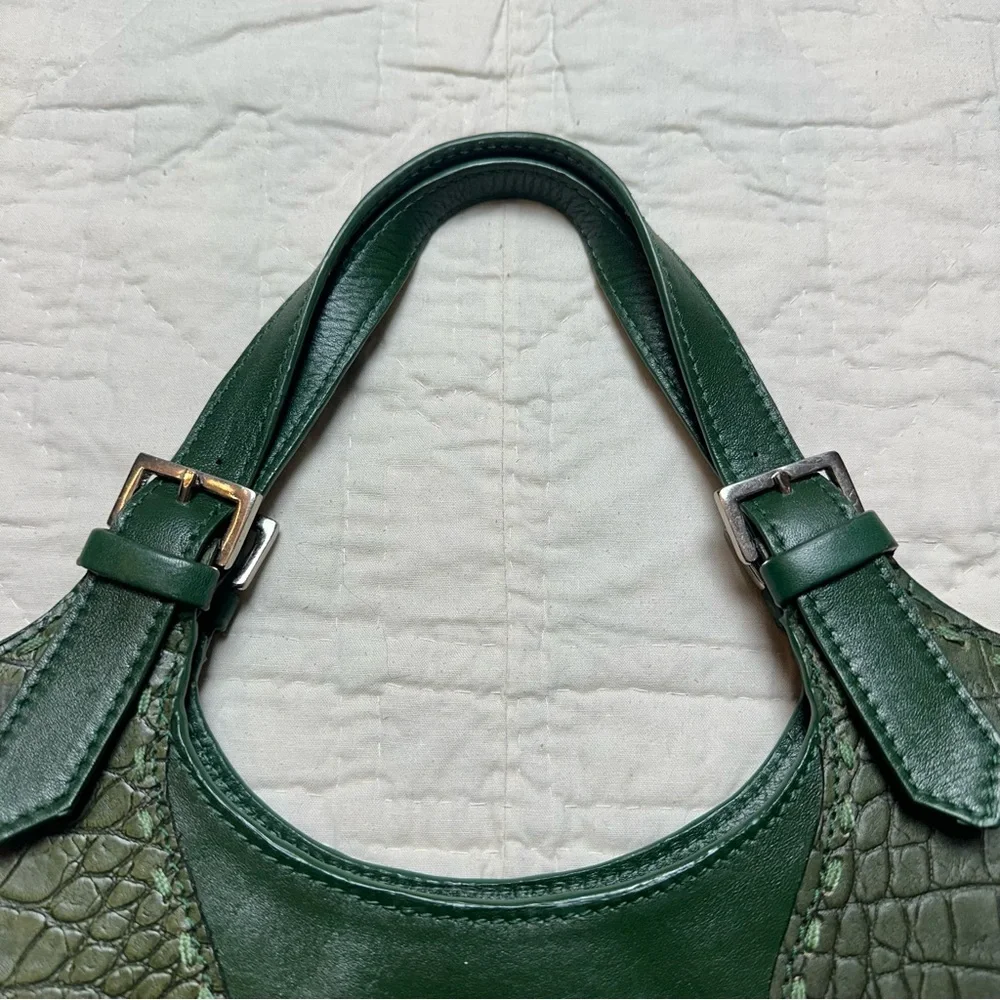 Hidesign Leather Shoulder Bag | Emerald Green Croc Embossed Y2K Purse